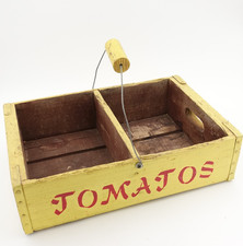 Vintage Soda Wooden Crate Carrier 32 oz Bottles Painted Yellow Tomatos Stenciled