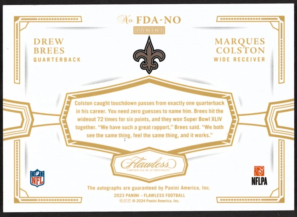 2023 Panini Flawless Dual Autograph Drew Brees, Marques Colston /25 AUTO SAINTS - Image 2 of 2
