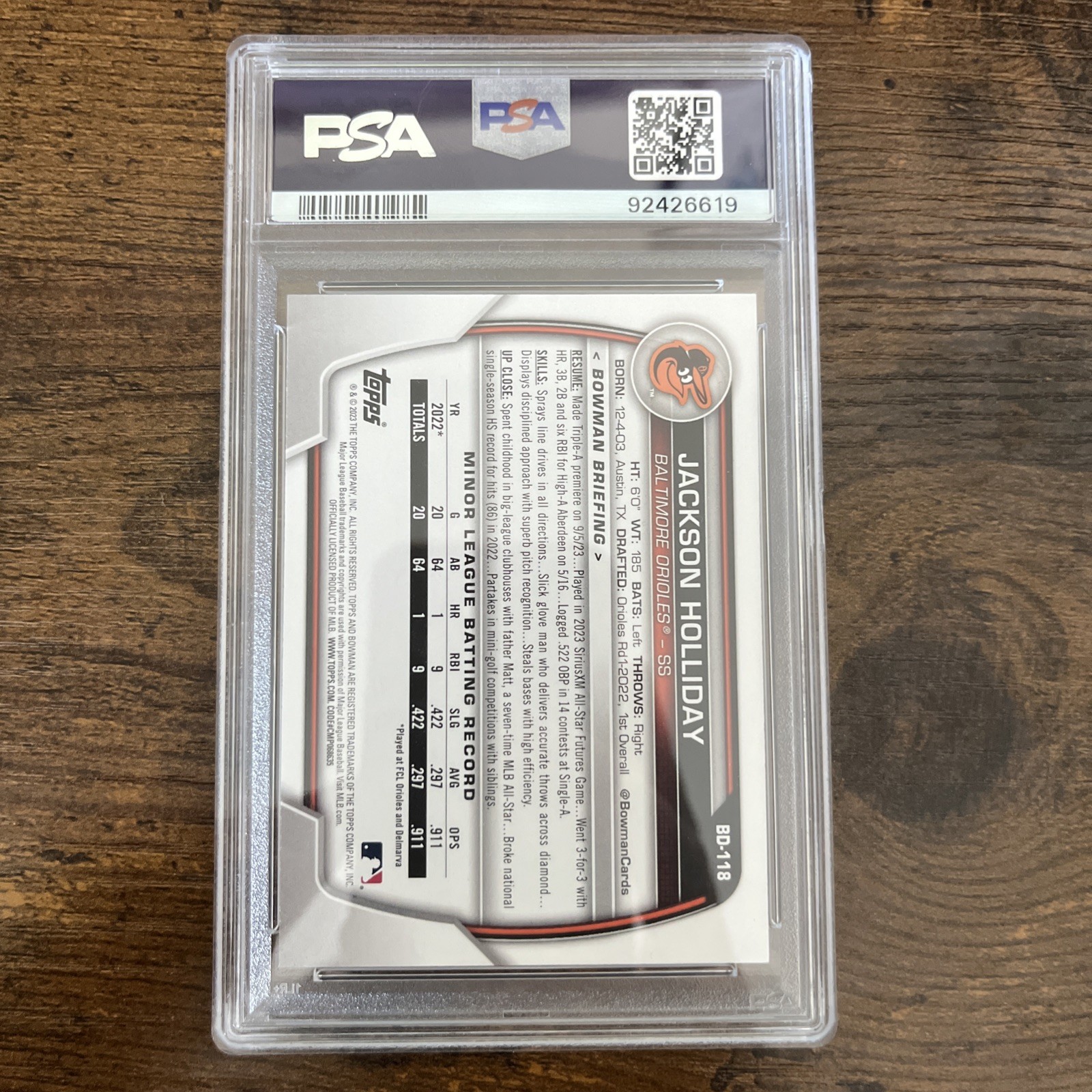 2023 Bowman Draft Jackson Holliday PSA 10 #BD118 RC view 2