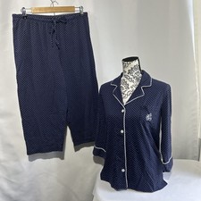 Ralph Lauren Polo Blue White Polka Dot 2 Piece Pajama Set Crop Capri Women Sz M