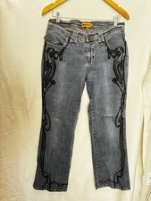 Bisou Women’s Jeans Size 12 Black Embroidery Wide Leg 32” Inseam Y2K