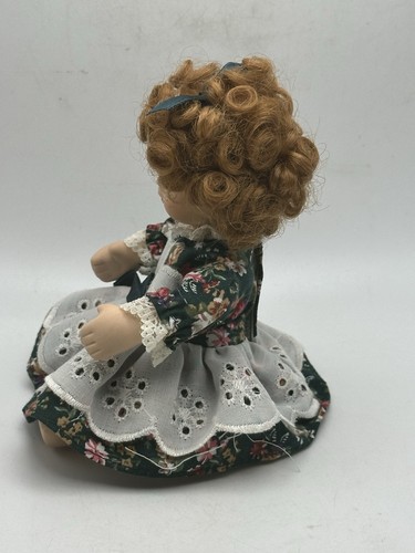 Porcelain Articulated Doll Red Curly Hair Green Floral Dress White Bloomers 7” - Picture 3 of 13