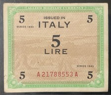 1943-A ITALY MILITARY PAPER MONEY - 5 LIRE BANKNOTE!