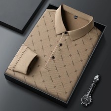 New Men's Business Casual Long Sleeved Shirt with Badge Solid Color Polo Shirt F