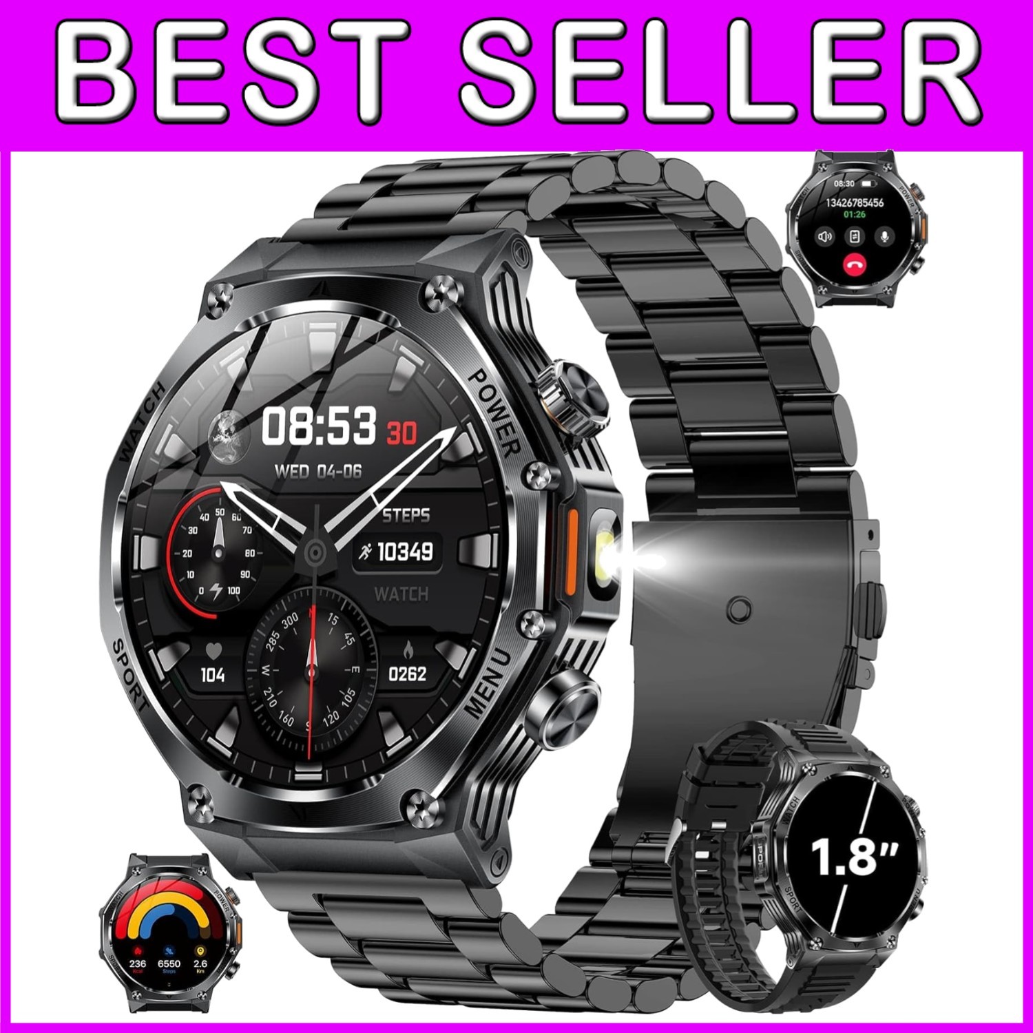 Rugged Tactical Smartwatch for Men with 100+ Sports Modes & Blood Oxygen Tracker - Black