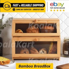 Double Decker Bamboo Bread Box 2-Layer Kitchen Storage Bin w/ Lid Large 39x25x32