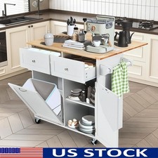 Kitchen Island Rubberwood Storage Cart Drop Leaf W/ USB Ports  Open Shelves