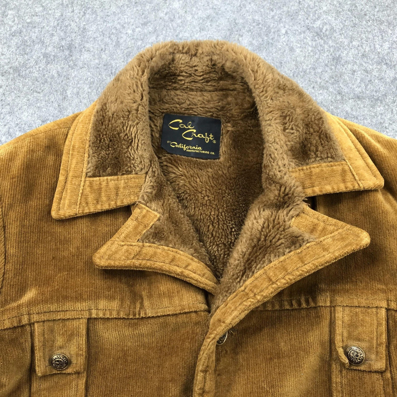 Vintage Cal Craft Coat Mens Large Brown Corduroy Faux Fur Lined Overcoat USA - product detail image 4