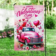 Happy Valentine's Day Pink Truck Flag Graden Flag