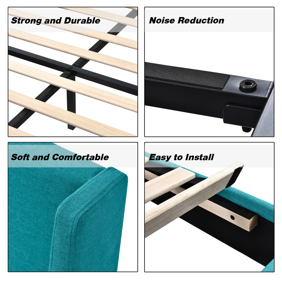 Marco de cama de plataforma moderno tamaño queen Sifurni con respaldo de ala de lujo, verde pavo real Foto 4 de 4