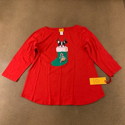 Ruby Rd. Women's Size Medium Red Holiday Graphic Embellished 3/4 Sleeve Top NWT