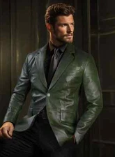 HOT! New Men's Green Leather Blazer Pure Soft Lambskin Leather Coat Blazer