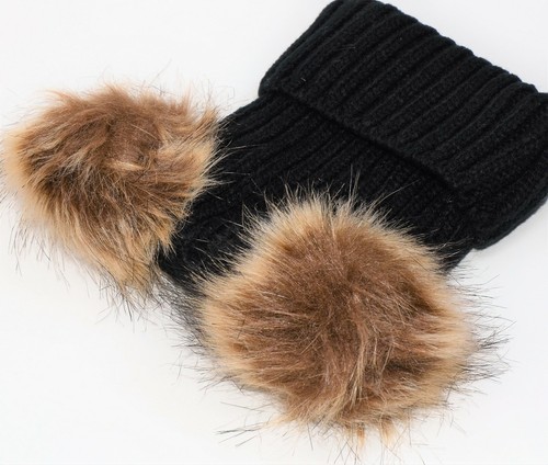 Baby Winter Warm Hat Newborn Knit Hat Infant Beanie - Black With Furry Pom Poms - Picture 3 of 6