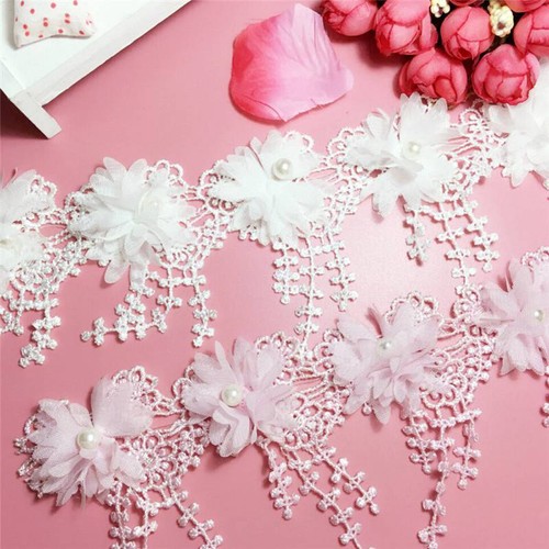1 Yard Lace Trim 3D Flowers Beaded Gown Applique DIY Dress Ivory Embroidered - Picture 8 of 12