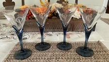 Courvoisier Martini Glasses Blue Stem Bormioli Luigi Spa Cristal Italy, Set of 4
