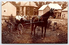 Antique Vintage RPPC Photo Family Children Boys Girl Horse Carriage Buggy Houses