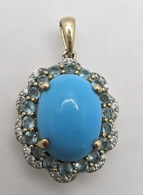 Gold Pendant Necklace with Turquoise Cabochon Aquamarine Diamond