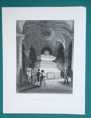LONDON Admiral Nelson's Tomb in St. Paul's Cathedral Crypt - 1841 Antique Print