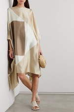 Soft Satin Silk Kaftan Dress Handmade Print Boat Neck Belt Style Short Beah wear