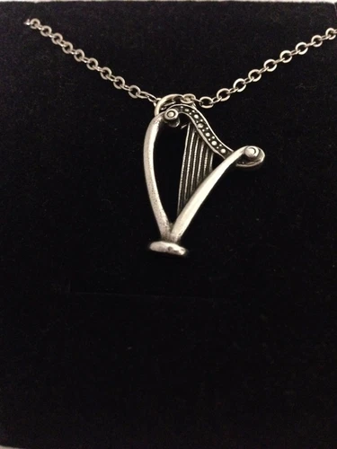 Harp R199 English Pewter on a Silver Platinum Plated Necklace 18"