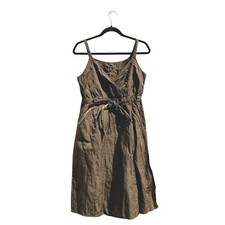 Eileen Fisher Steel Satin Faux Wrap Tie Front Surplice Olivine Dress size 8