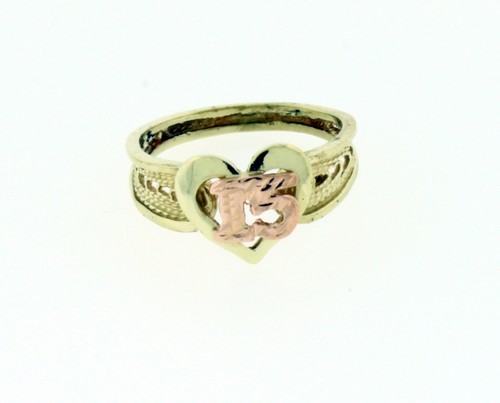 14k Solid Gold Two Tone Color Sweet 15 Heart Size 5 Ring 15 años De Oro 2.4 Gr - Picture 2 of 5