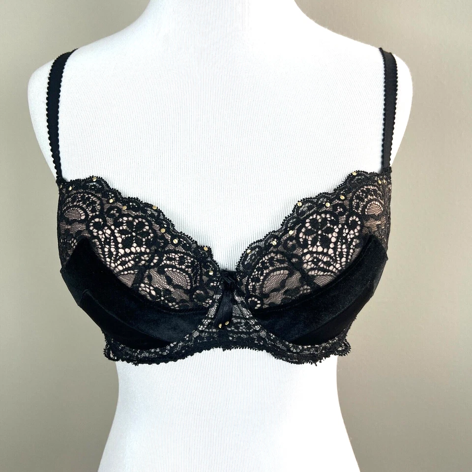 Sujetador Pleasure State 32D Negro Satinado Terciopelo Encaje Forrado Balconette Etiqueta Blanca Foto 2 de 4