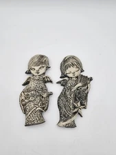 2 Vintage Christmas Angels Wall Hanging Black White Harp Ukulele 6in