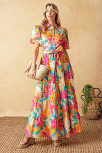 Flying Tomato Sweet Soiree midi floral short sleeve Tiered Maxi dress, sz M