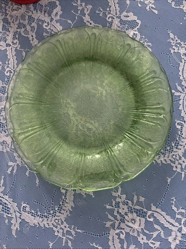 3  PCs 9” Dinner Plates Uranium Green Apple Blossom Pattern.   Depression