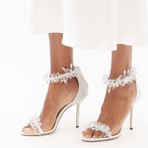 New Jimmy Choo White Maisel 100 Crystal Embellished Leather Sandals 38