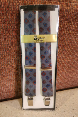 VTG Lyntone Extra Length Suspenders Gray Red/Blue Design Elastic Style 737 NIB