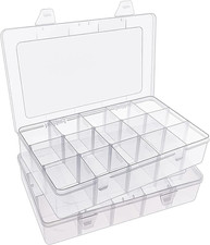 2 Pack 15 Girds Bead Organizer, Large Clear Plastic Organizer Box with Adjustabl