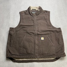 Carhartt Duck Rugged Vest Mens 2XL Brown Loose Fleece Lined Sleeveless Full Zip