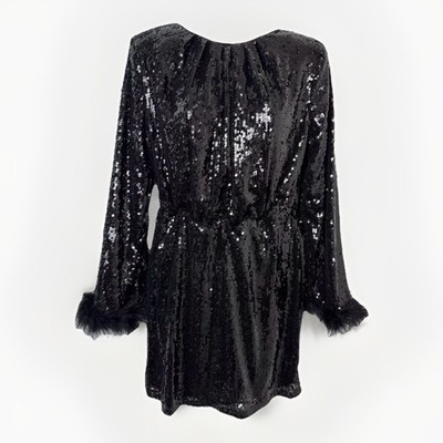 NB Avenue Minikleid schwarz Pailletten mit Federbündchen Gr. M UK 12 Party Glam