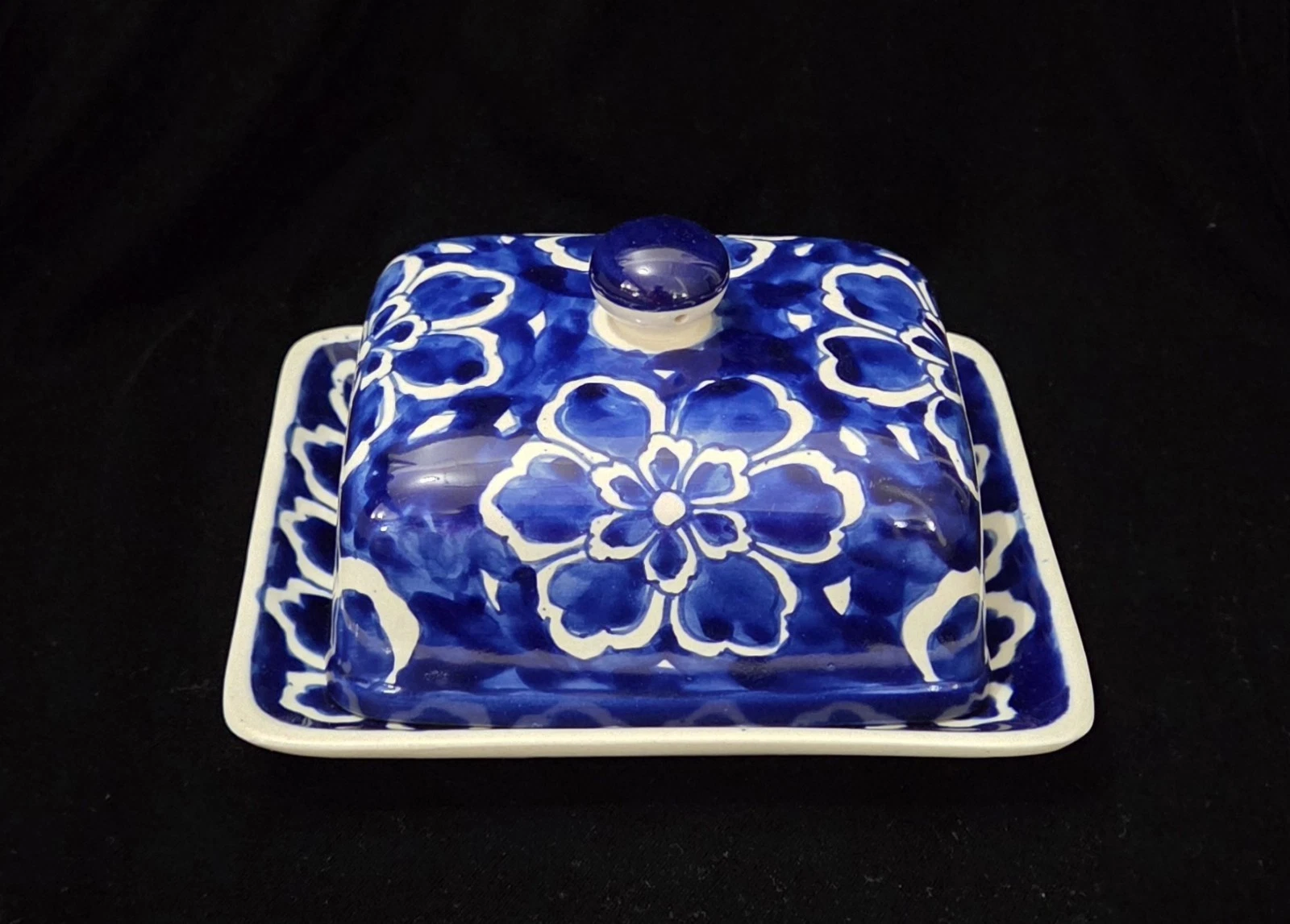 VTG Indigo Blue Butterdish w/Lid Ceramic Handpainted Floral Collectible Kitchen