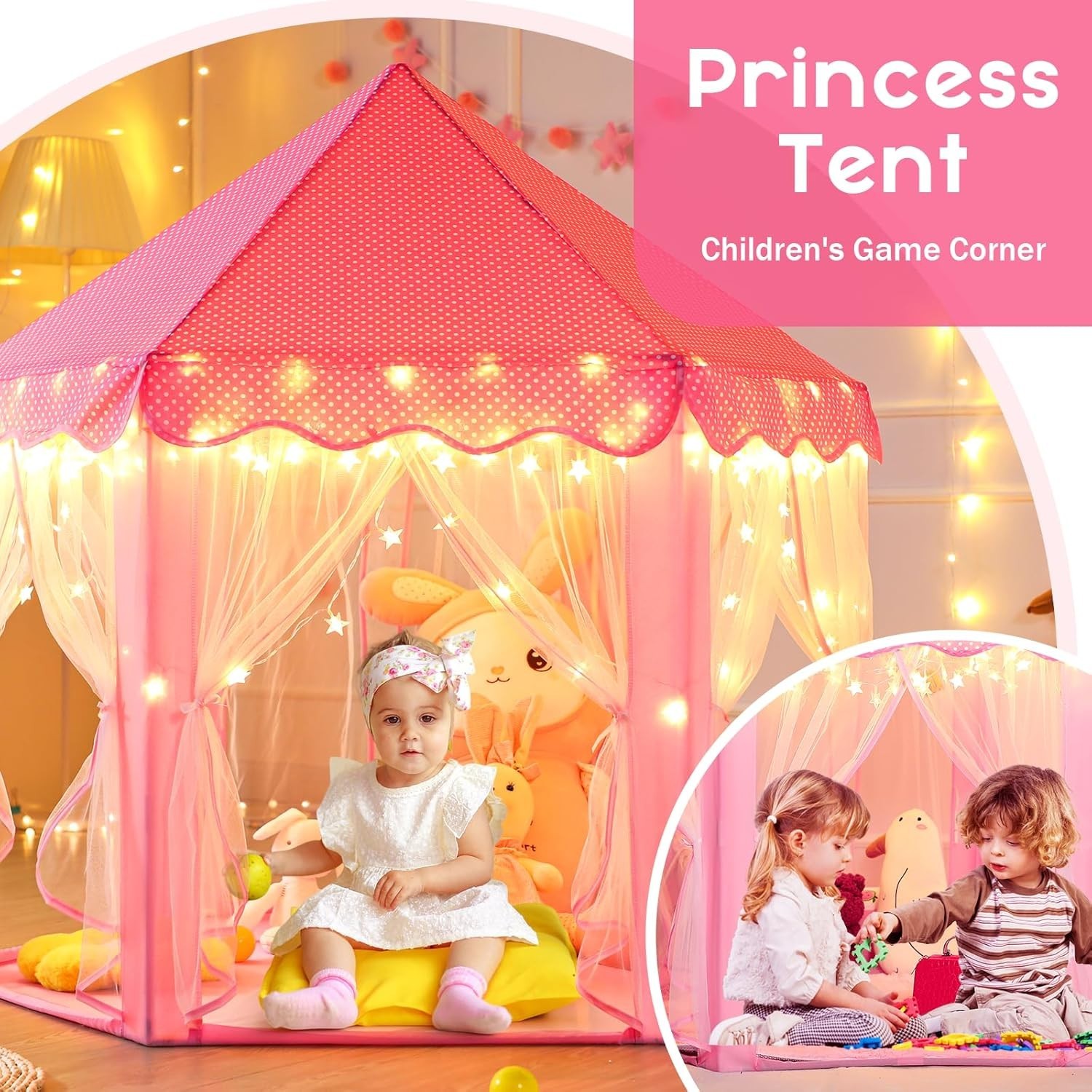 Princess Castle Play Tent for Kids with Star Lights - 55'' x 53'' Indoor/Outdoor