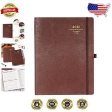 Elegant 2026 Planner 11x8.5 Leather Brown Thick Paper Notes Calendar