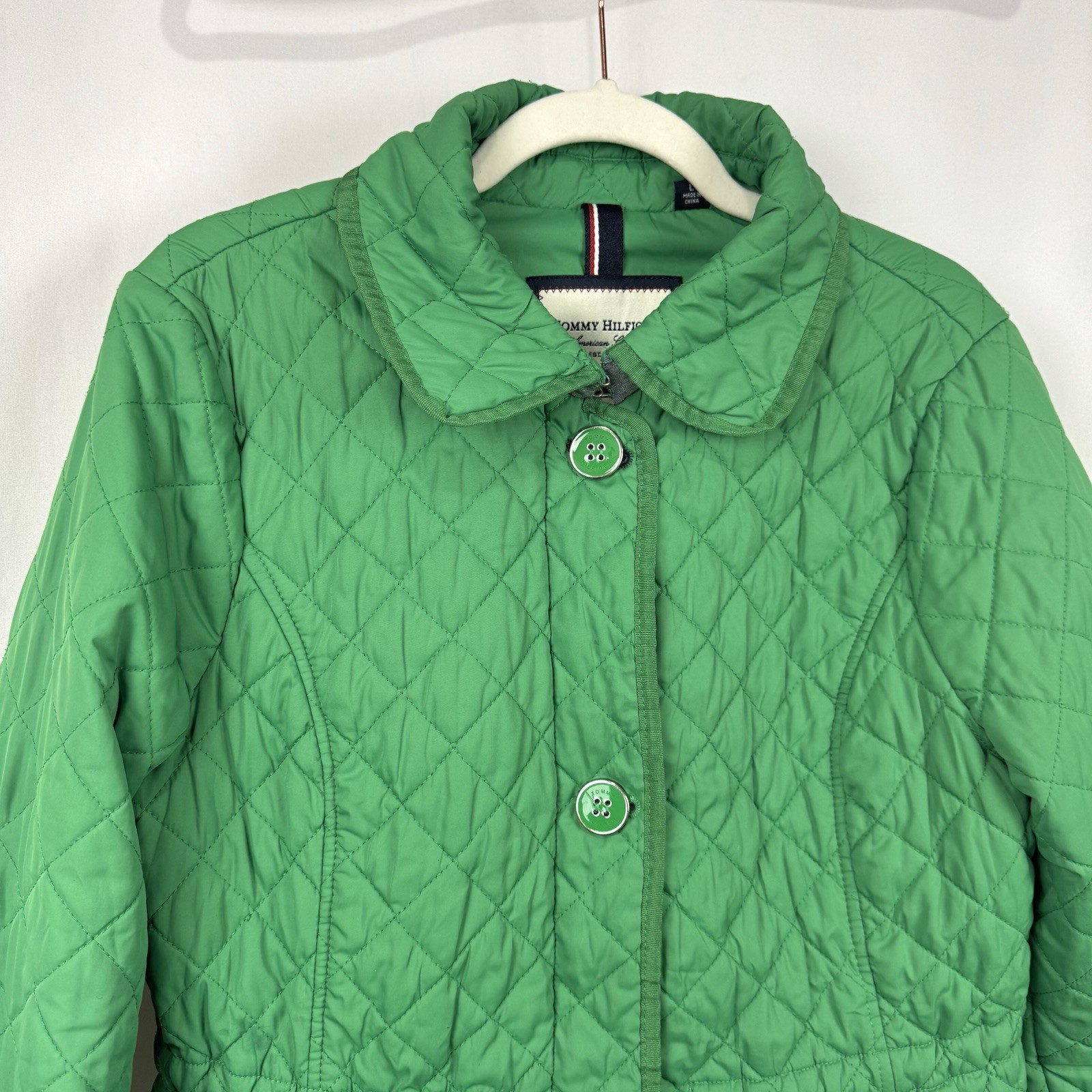 Tommy Hilfiger Women’s L Green Quilted Coat Classic Jacket Waist Tie Full Zip thumbnail 3