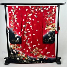Japanese Vintage Kimono Furisode Silk Red Elegant Length 65.1in Minor Stain