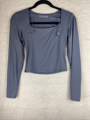 Pink Rose Luxe Contour Blue Long Sleeve Blouse Small