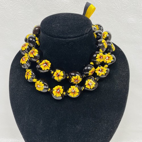 Hawaiian Hand Painted Kukui Nut Necklace w Ribbon Black Yellow Hibiscus Steelers