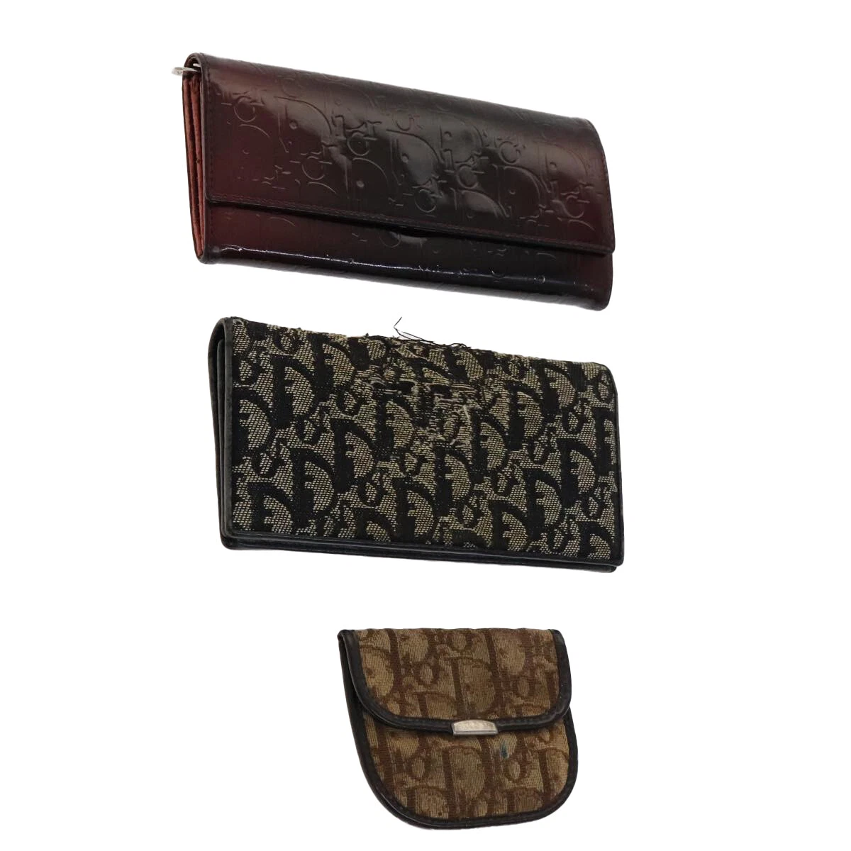 Christian Dior Trotter portefeuille toile émaillée lot de 3 beige marine bordeaux authentique ti2471