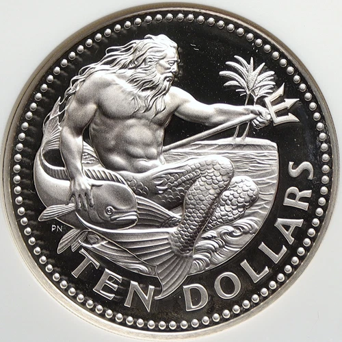1975 BARBADOS Huge Old Genuine Proof Silver 10 Dollars Coin NEPTUNE NGC i106363