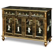 US Seller - Gold Trim Black Lacquer Mother of Pearl Oriental Sideboard