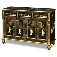 US Seller - Gold Trim Black Lacquer Mother of Pearl Oriental Sideboard
