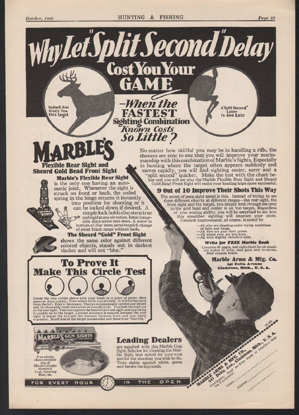1929 MARBLE ARMS SPORT GAME HUNT PEEP SIGHT TARGET BUCK FOLD QUICK AIM ...