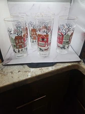 Set Of 6 Libbey Drinking Glasses Christmas Snow Village  Scene New
