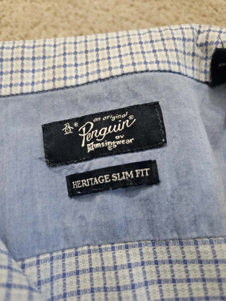 Camisa Penguin Hombre Talla 17 34/35 Azul Claro Heritage Calce Ajustado Abotonable Oficina Foto 4 de 4