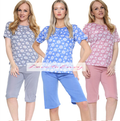 Damen Pyjama Set Shorts Baumwollmischung Blumenmuster Rundhals PJ Loungewear Set
